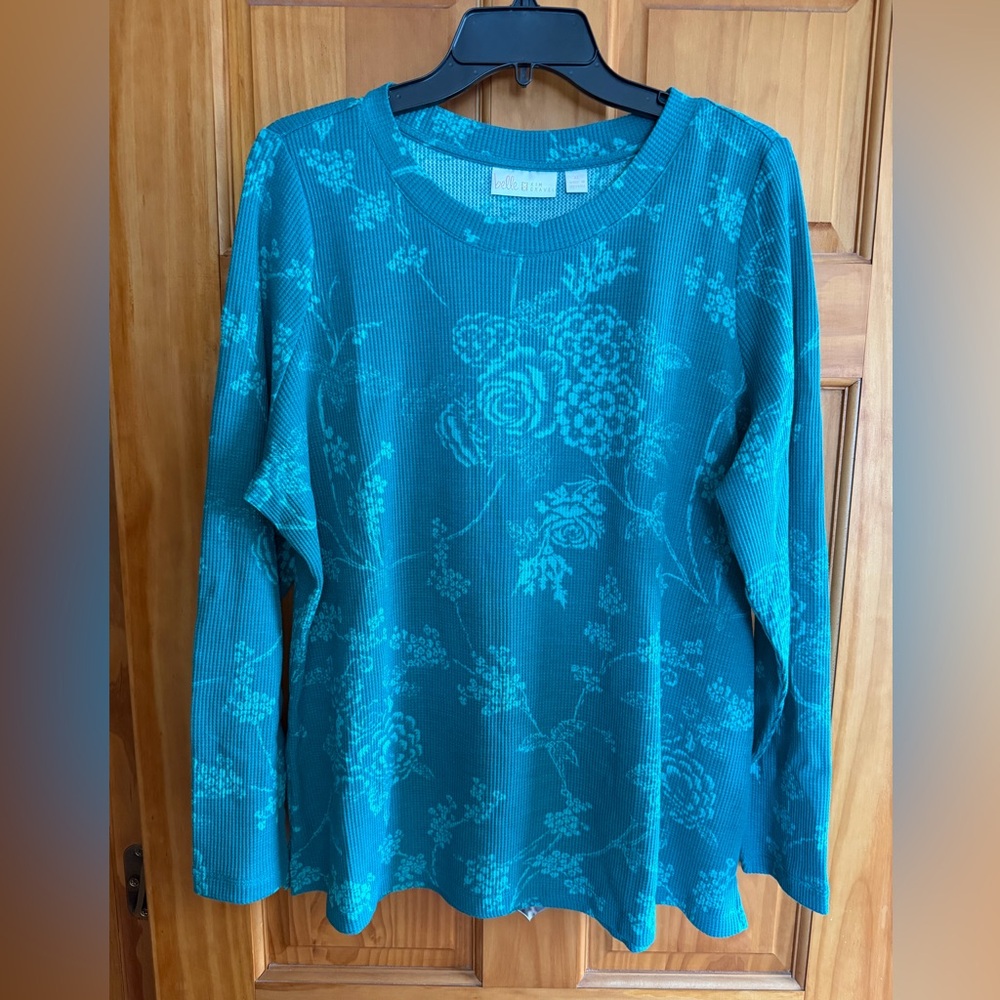 Belle by Kim Gravel Teal Floral Long Sleeve Waffle Top